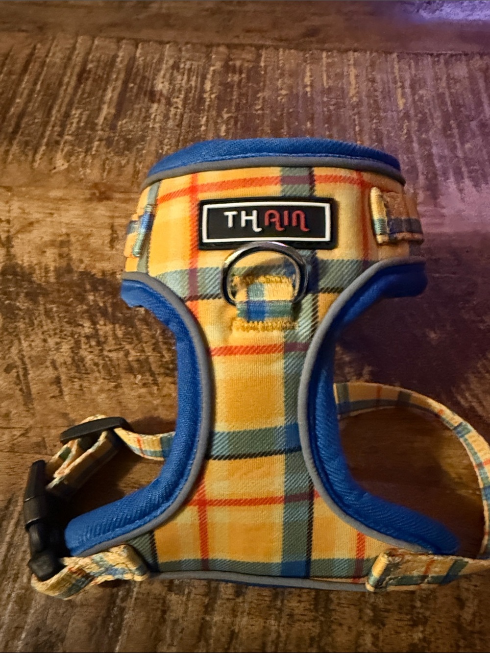 Yellow Plaid Dog Harness with Blue Trim